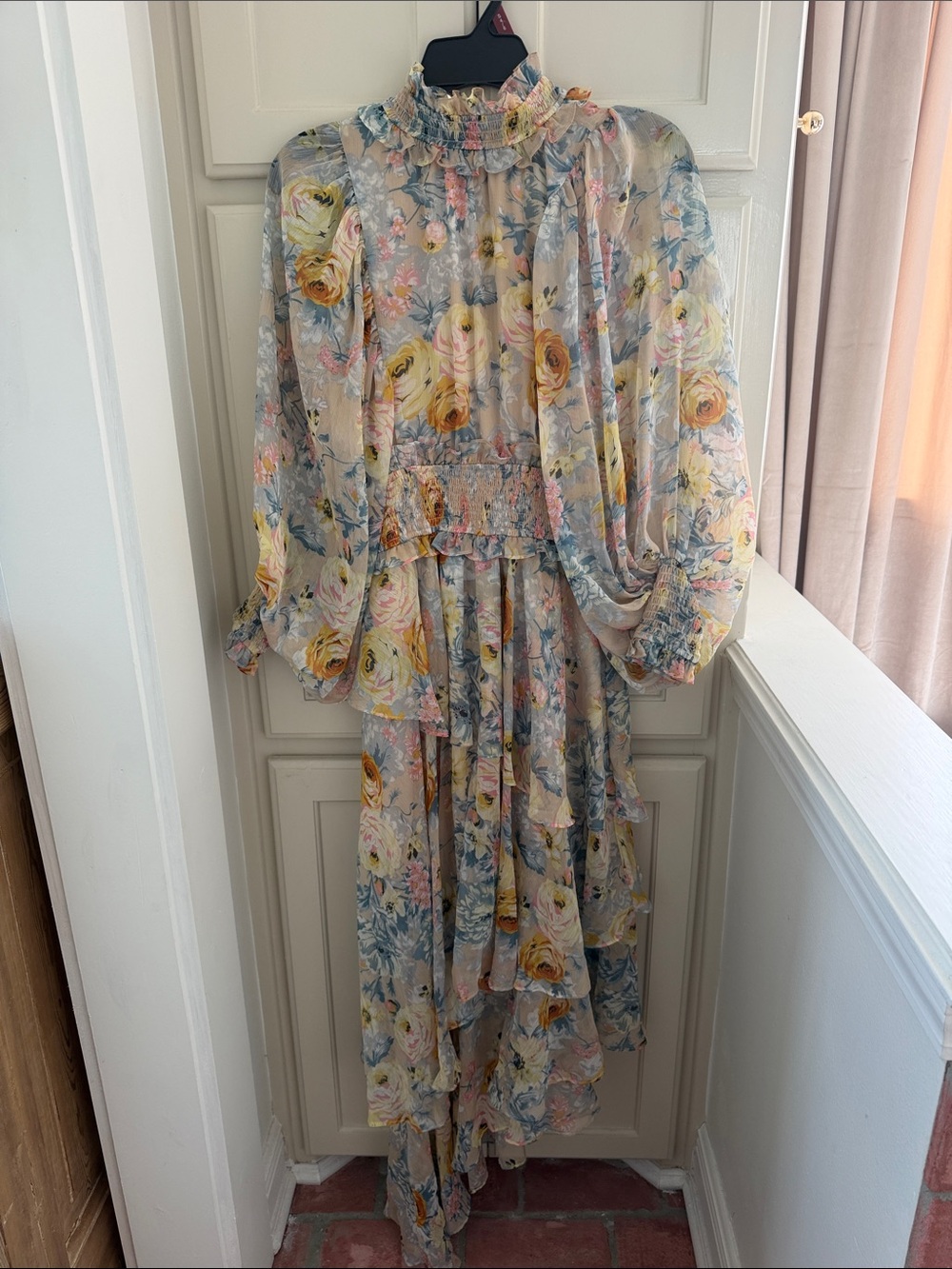 Elliatt Ivory and Yellow Floral Tiered Long Sleeve Dress